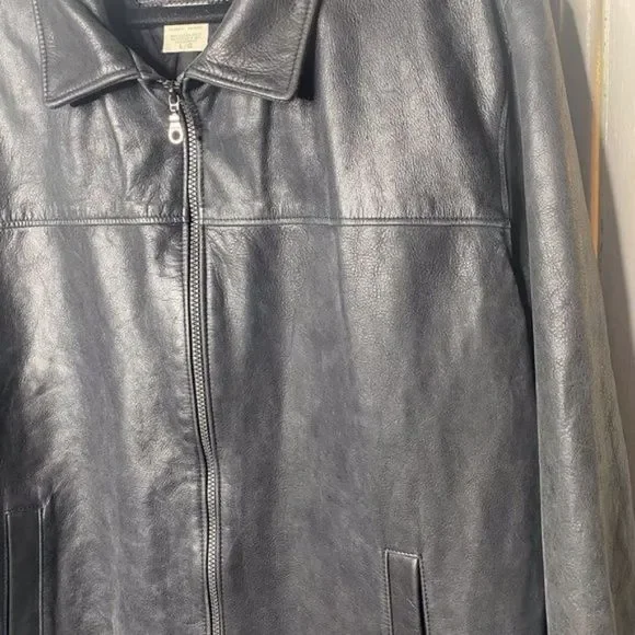 Roots “Richard” Leather Car Coat Vintage Black Treated size L Zip Front Y